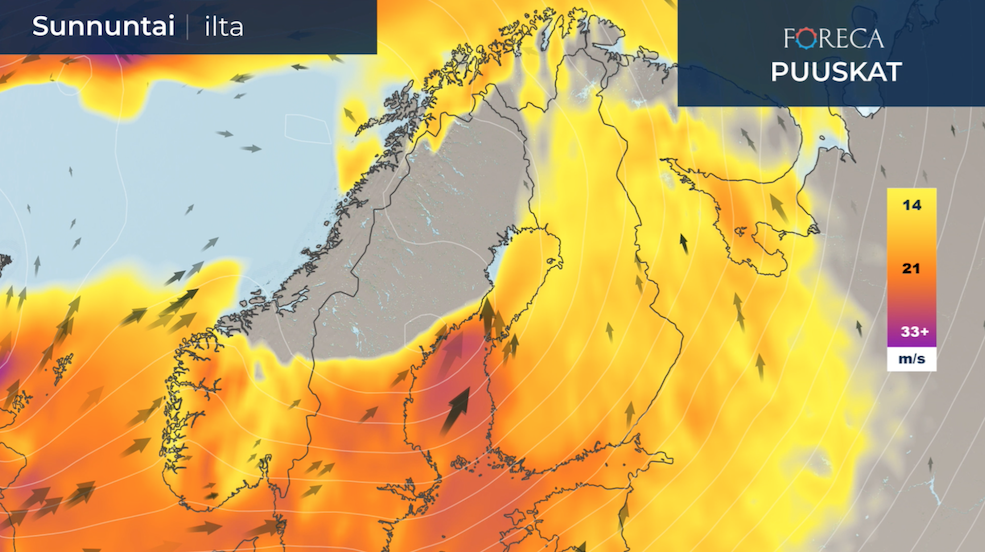 Tuulet voimistuvat myrskyksi sunnuntaina. Myrsky on tämän hetken ennusteen mukaan voimakkaimmillaan sunnuntaina illalla ja maanantain vastaisena yönä.